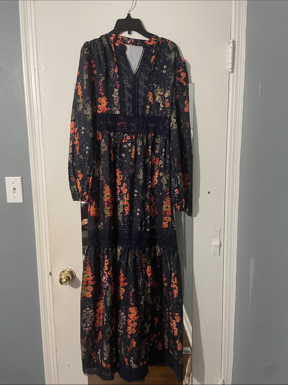SHEIN Navy Floral Maxi Dress with Lace Trim